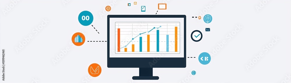 Poster visual concept of seo strategy represented through digital graphs and highlighted keywords on a moni