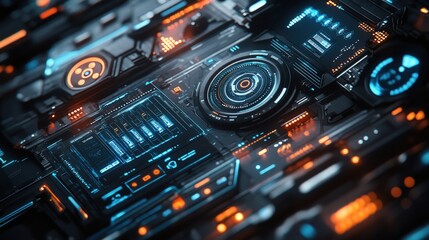 Fototapeta premium Futuristic tech interface with glowing blue and orange elements.