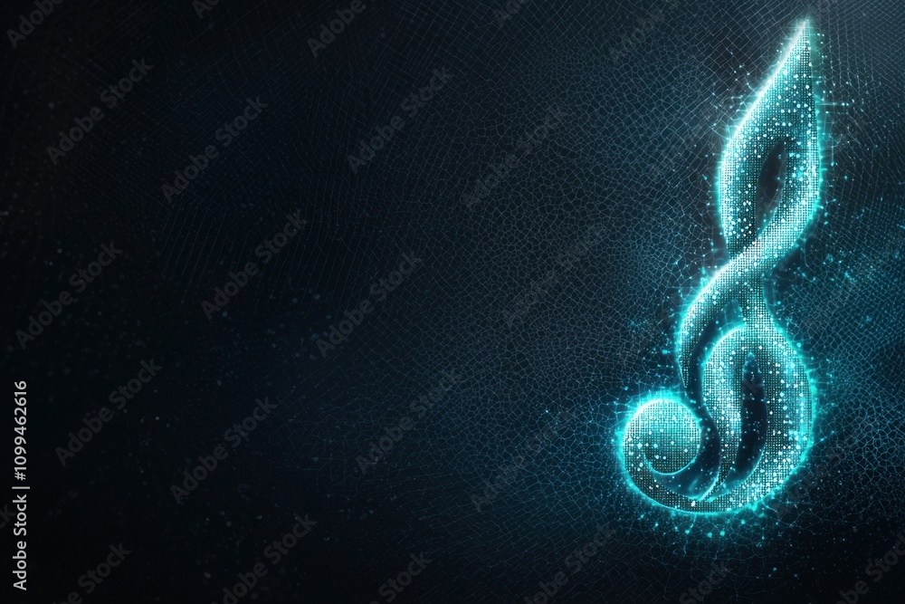 Poster digital musical note creation virtual space graphic art abstract close-up view sound and technology 