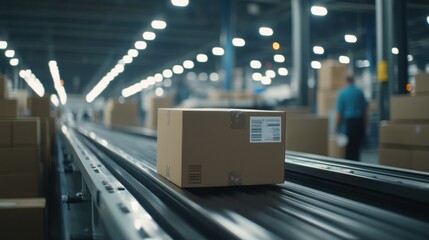 A package moving along a conveyor belt in a warehouse setting.