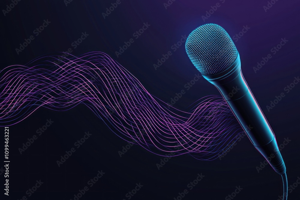 Poster dynamic sound waves from microphone studio setup digital art dark background close-up music and tech