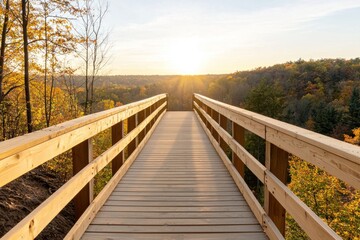 Fototapeta premium Sunset view from a wooden bridge scenic nature trail outdoor photography autumn landscape serene environment tranquility