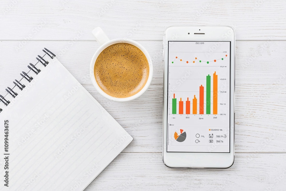 Poster smartphone with analytics data on screen, placed beside a coffee cup and notebook in a casual setup