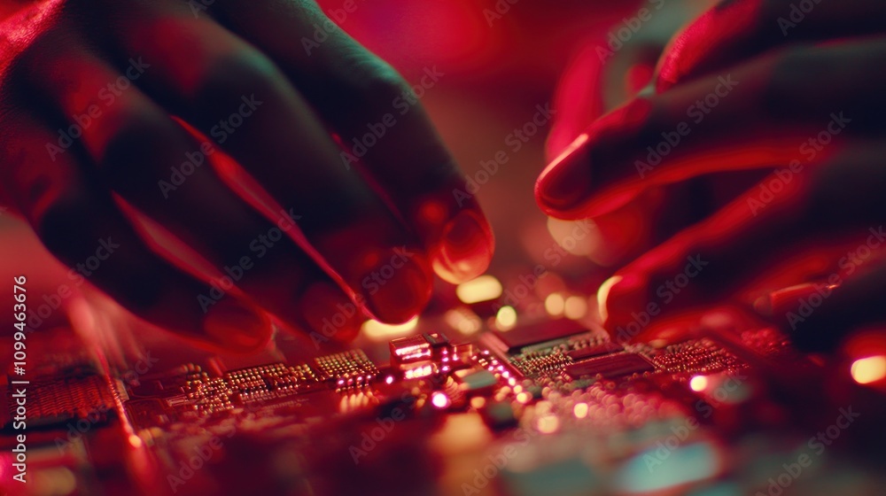 Poster close-up of hands working on a circuit board with glowing components.