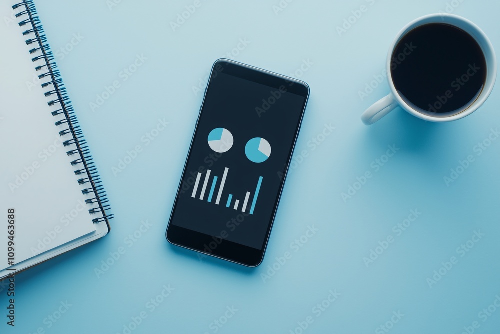 Aufkleber smartphone with analytics data on screen, placed beside a coffee cup and notebook in a casual setup