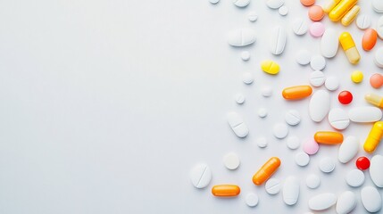 Close-up of various medication pills and capsules arranged on a clean, white surface, Scientific style