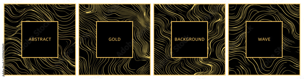 Poster abstract cards set with golden lines on solid black background. squaree shape. labels frames social 