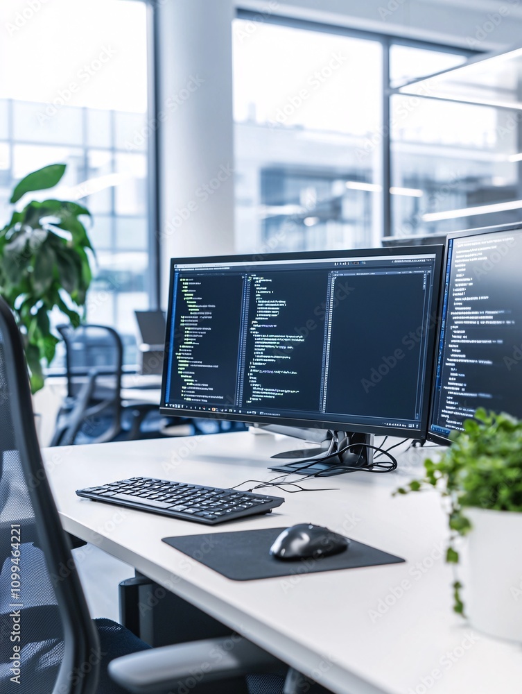 Poster seo-focused interface displayed on multiple monitors in a high-tech office environment
