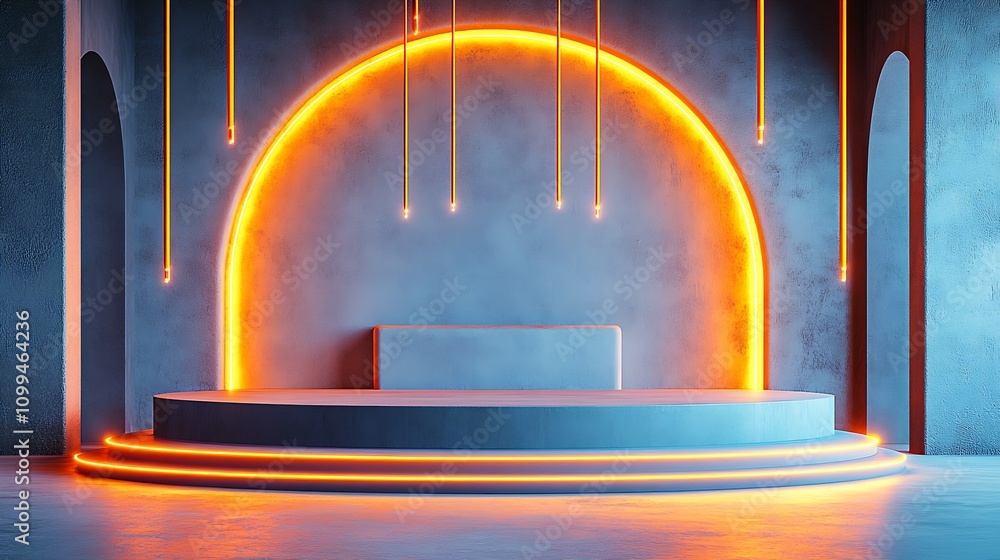 Poster futuristic abstract stage with neon orange lights and blue background : generative ai