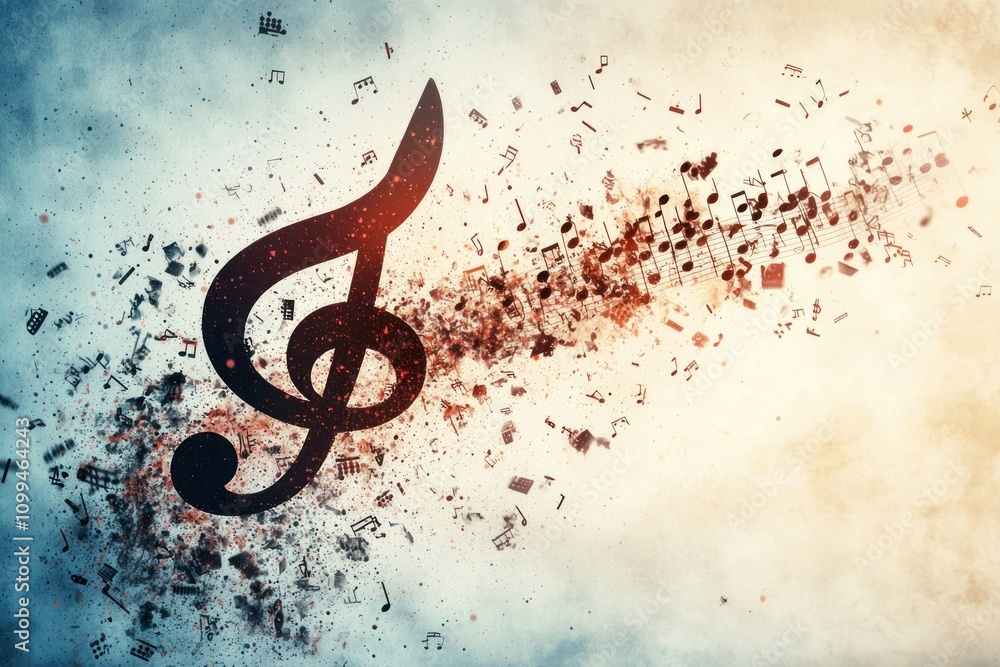Poster musical explosion creative visualization of notes abstract art digital composition colorful backgrou
