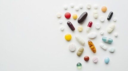 Close-up of various medications and pills arranged artistically on a pristine white surface, Scientific style, photo of