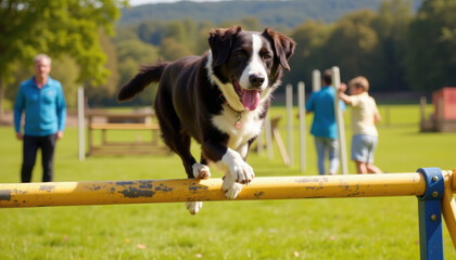 A well-trained dog gracefully leaping over a brightly colored hurdle in an agility course, with the trainer cheering in the background. The scene is set in a sunny outdoor field with other obstacles v