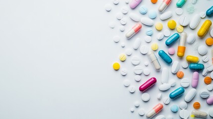 Close-up of various medications and pills arranged artistically on a pristine white surface, Scientific style, photo of