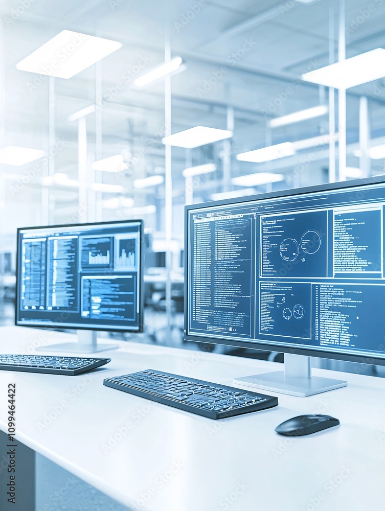 Poster seo-focused interface displayed on multiple monitors in a high-tech office environment