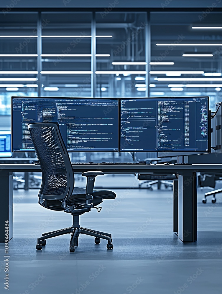 Poster seo-focused interface displayed on multiple monitors in a high-tech office environment