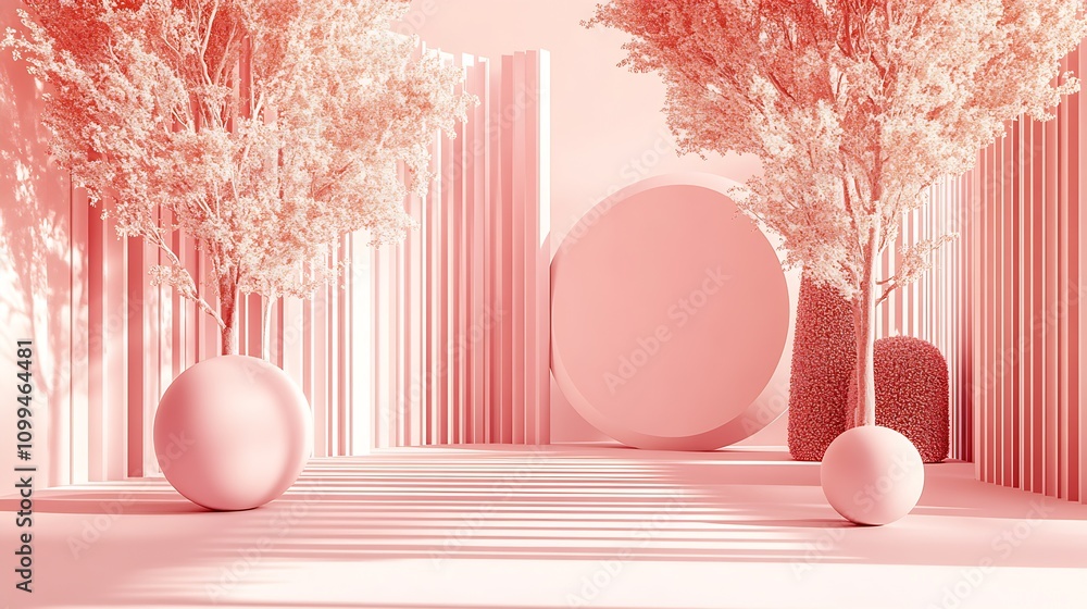 Poster contemporary monochromatic pink art installation with trees and geometric elements : generative ai