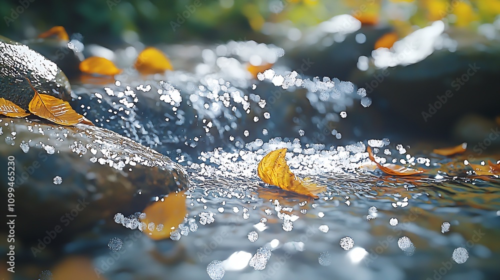 Poster glistening river with autumn leaves and sparkling water effect : generative ai