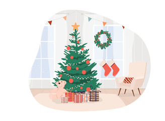 A cozy living room interior with armchairs and panoramic windows. Xmas tree, home decorations, fir wreath on winter holiday. Vector illustration 