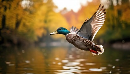 Obraz premium duck in autumn forest, capturing the beauty of nature and wildlife with a serene background