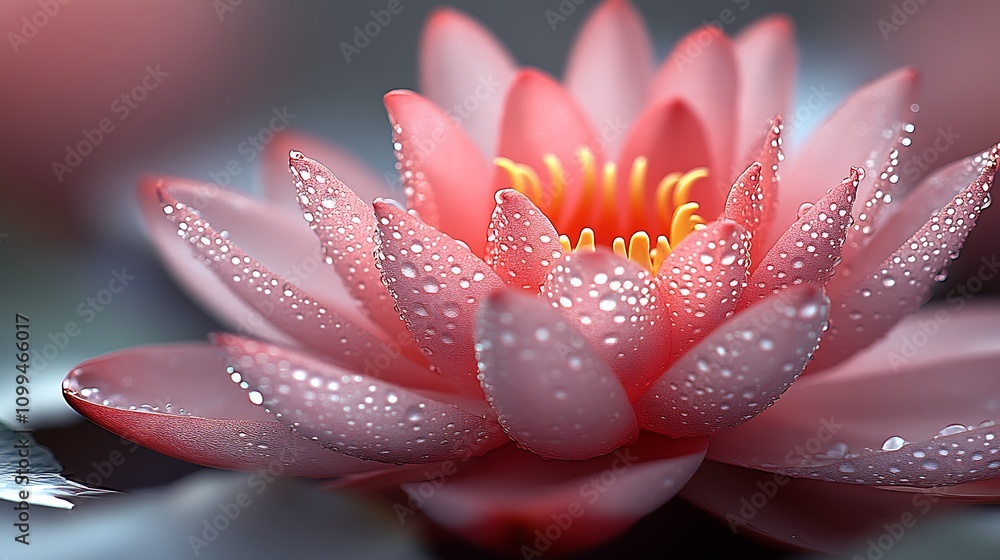 Poster close-up of a blooming pink lotus flower with dew drops in serene natural setting : generative ai