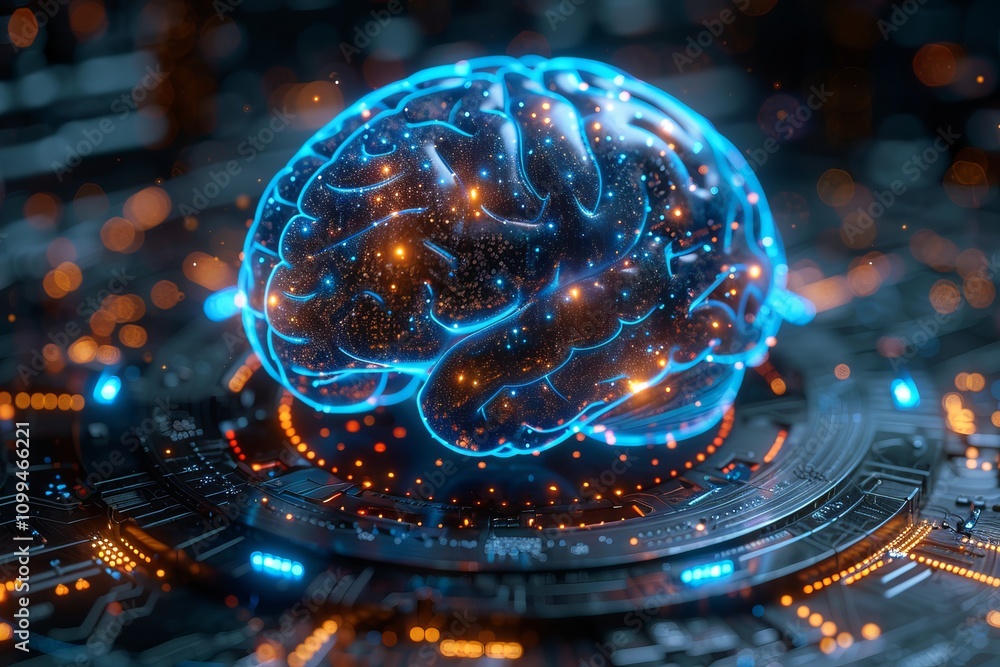 Poster central ai brain motif displayed on a circular platform with striking blue and black color scheme