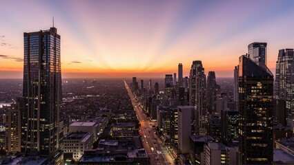 Fototapeta premium Generative AI, Modern Metropolis at Sunset with Reflective Skyscrapers