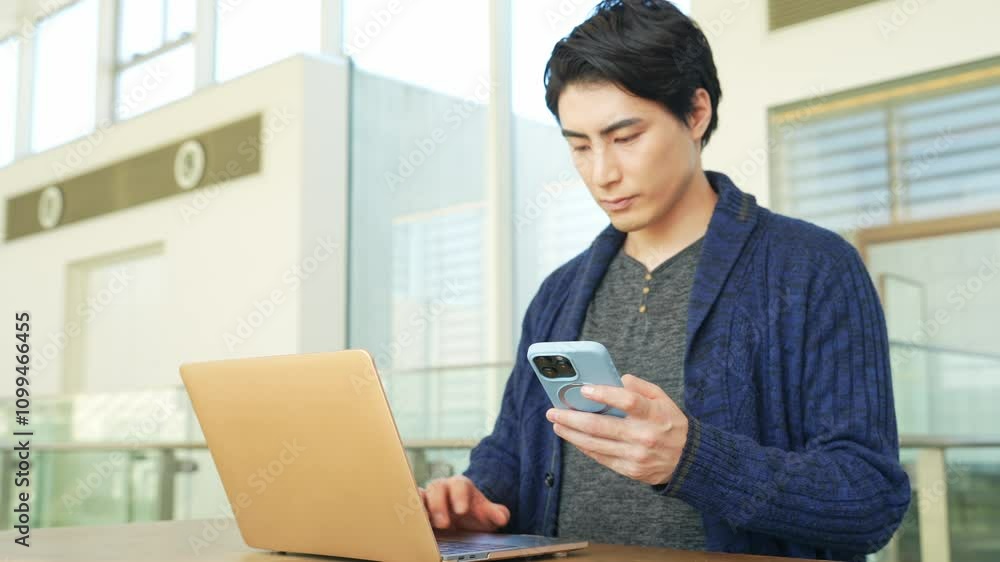Aufkleber スマホ、ノートパソコン、デジタル、DX、SNS、メール、男性、ニュース、アプリ、共有、連携、アクティベート、決済、2段階認証、銀行、ネットバンキング、金融、フィンテック、通信、ビジネス、フリーランス、検索、仕事、副業、ソフト、インターネット、オンライン、web、リサーチ、調べる、チェック、投稿、テクノロジー、オフィス、PC、IT、カジュアル、ロビー、ファイル、クラウド、ERP、API、ASP、AI