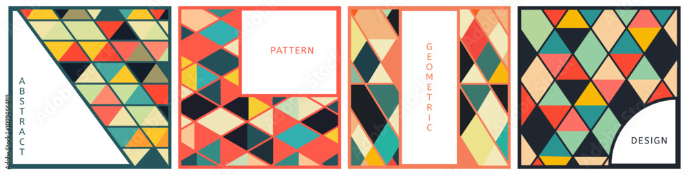 Poster abstract modern mosaic geometric square shape patterns set. circles triangles. bright colors. place 
