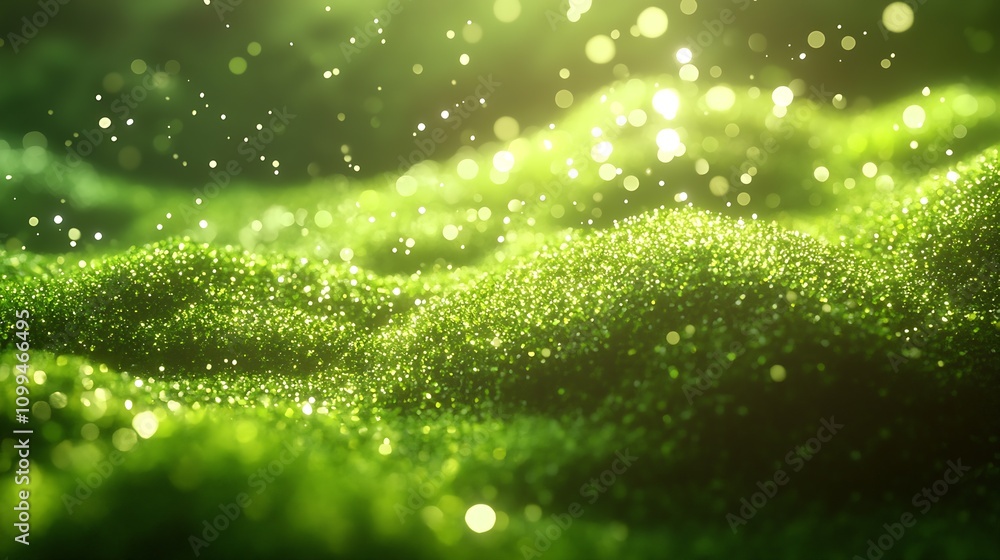 Aufkleber dreamy green sparkling landscape with sunlight filter and soft focused bokeh lights : generative ai
