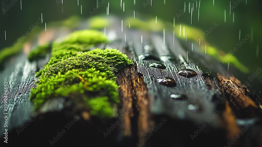 Aufkleber Closeup Raindrops on Moss-Covered Log in Rainforest Setting Nature Macro : Generative AI