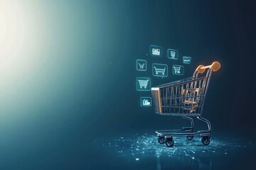 E-commerce innovations shopping cart technology digital marketplace graphic illustration futuristic environment conceptual viewpoint