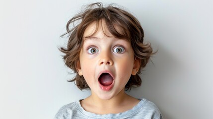 A young boy with a surprised expression wide open mouth and eyes dark brown hair and a gray t-shirt.