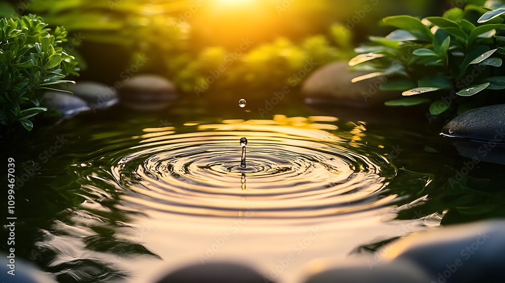 Poster sunlit water ripple with stone and greenery in relaxing garden pond setting for tranquil moments : g
