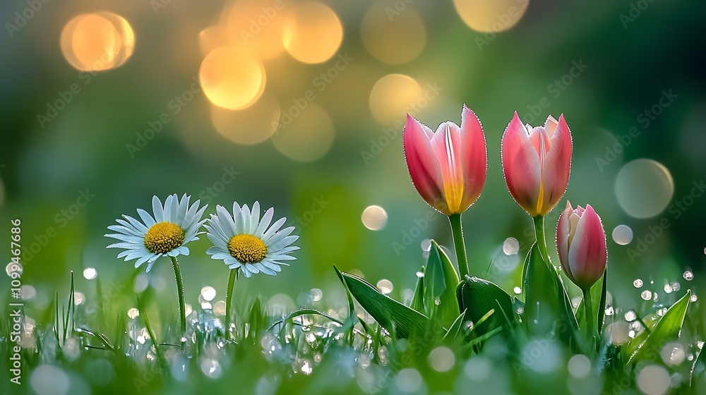 Poster Vibrant Daisies and Tulips in Sparkling Dew with Bokeh Background : Generative AI