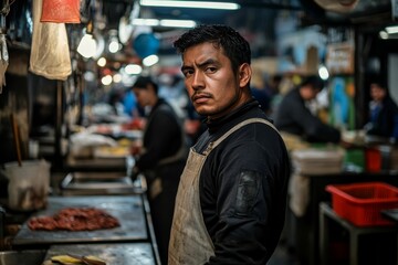 Obraz premium Butcher stares intently in busy market.
