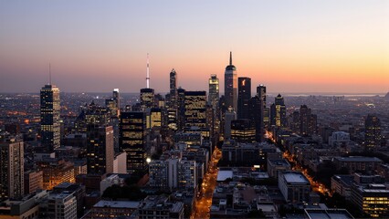 Fototapeta premium Generative AI, Modern Metropolis at Sunset with Reflective Skyscrapers