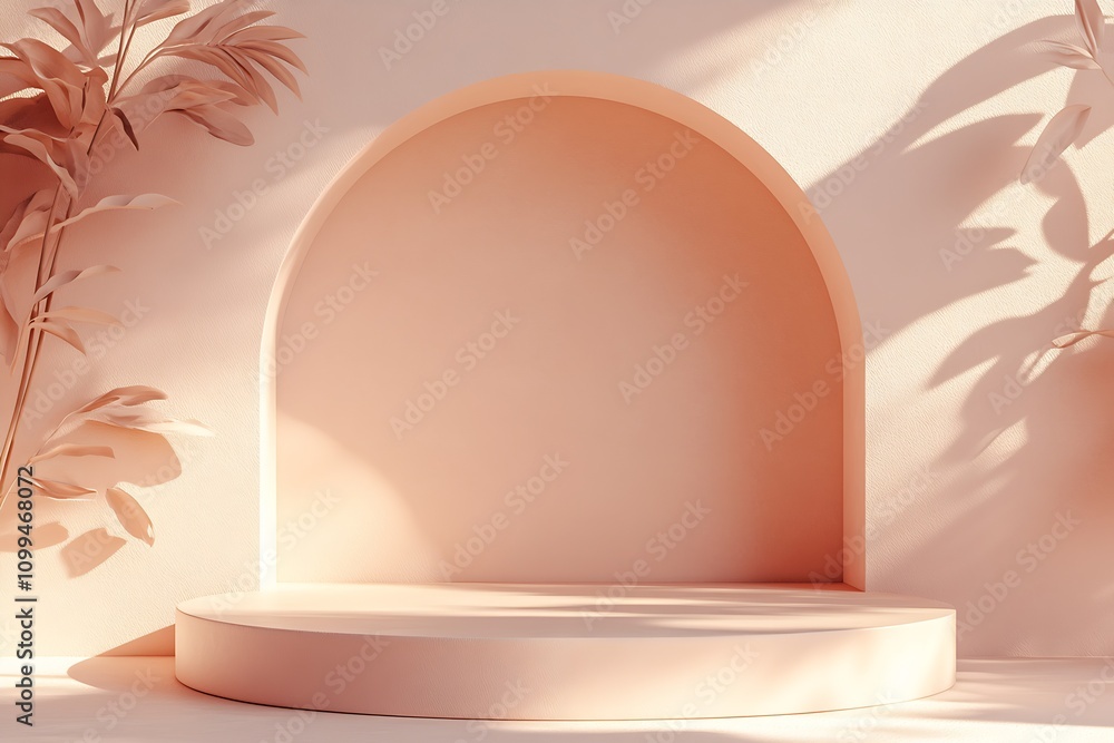 Poster Minimalist Peach Arch and Podium with Shadows on a Bright Sunny Day : Generative AI