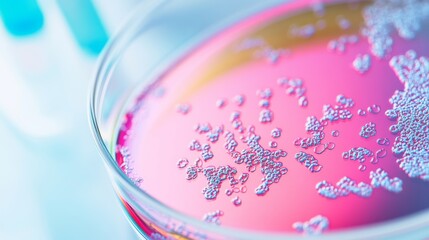 Magnified view of bacteria in a petri dish, vibrant colors against a white lab environment, Scientific style