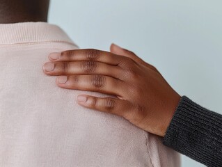 A supportive hand rests gently on a shoulder, symbolizing comfort and connection.