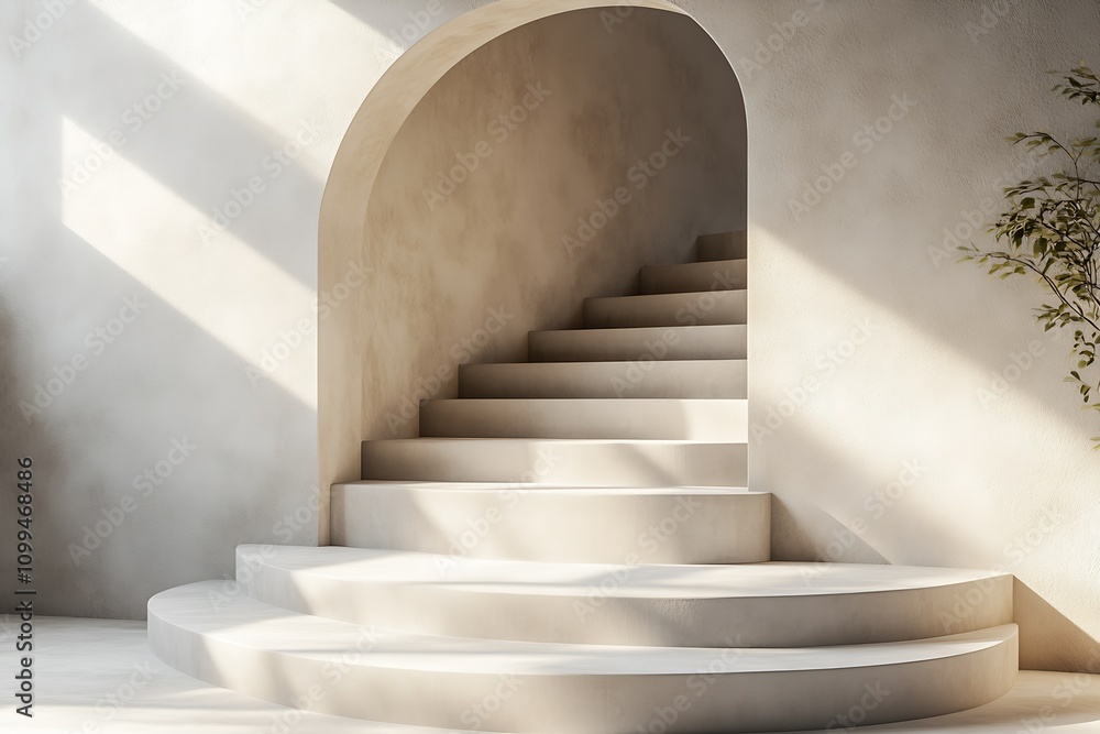 Poster Minimalist Curved Stone Staircase with Sunlit Shadows in Elegant Architectural Setting : Generative AI