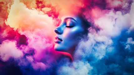 Fototapeta premium A beautiful woman's face among colorful clouds. Concept of dream, meditation and imagination