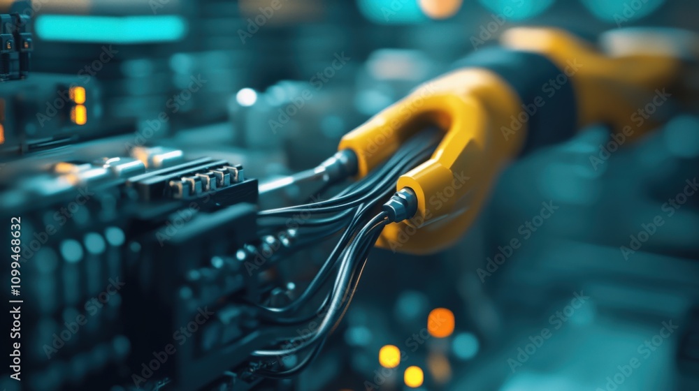Poster Close-Up View of Robotic Arm Handling Wires in a High-Tech Environment with Soft Focus Background Highlighting Modern Circuitry Elements