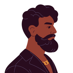 Obraz premium Black person avatar with square shape. Adult man with modern beard in ducktail style side view for user profile. Portrait of serious male face with mustache. Flat isolated vector illustration