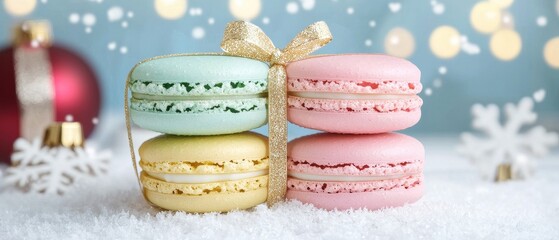 Colorful macarons stacked together, perfect for festive celebrations and desserts.