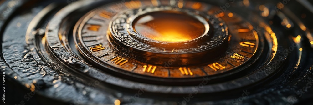 Poster a close-up of an intricate circular device with glowing elements, suggesting mystery or technology.