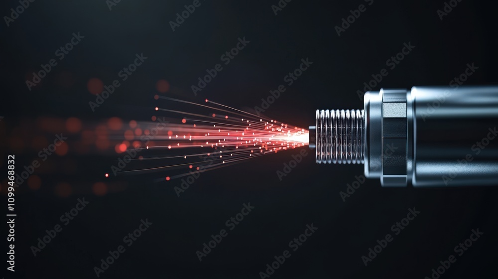 Poster dynamic close-up of industrial nozzle emitting brilliant red particles against a dark background, ca
