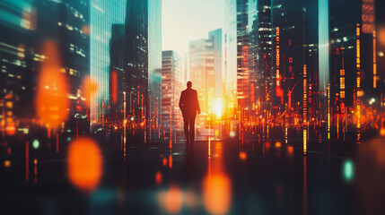 Obraz premium Smart digital Innovation city with connection network reciprocity over the sunset cityscape. of future wireless digital city and social media networking systems that connects people with in city