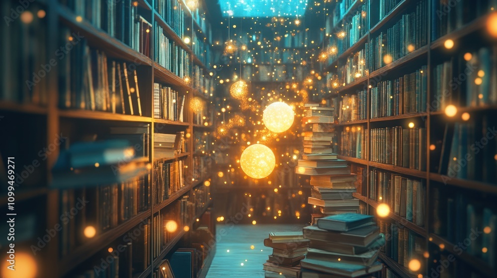 Poster a magical library filled with floating lights and stacked books, creating an enchanting atmosphere.