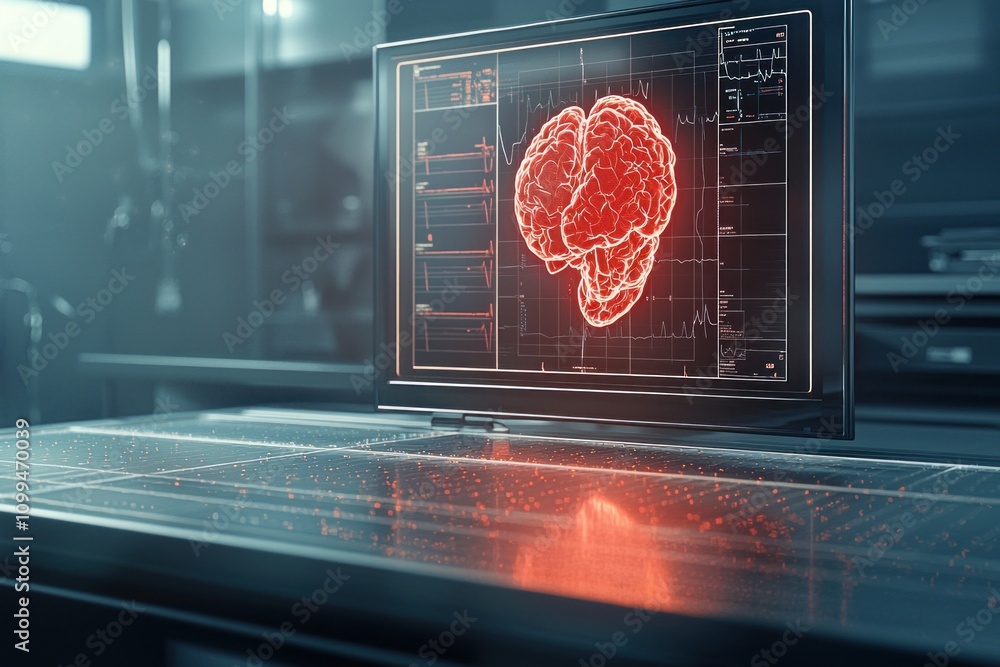 Poster innovative brain mapping technology medical lab digital visualization high-tech environment futurist