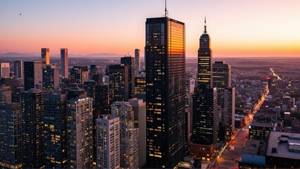 Obraz premium Generative AI, Modern Metropolis at Sunset with Reflective Skyscrapers
